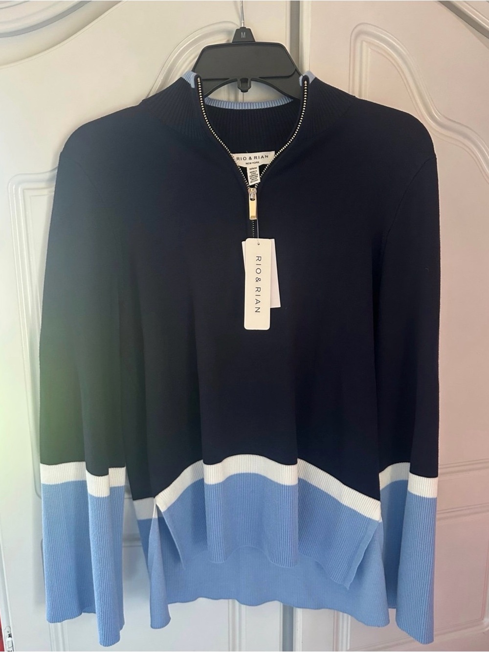 Women's Navy and Light Blue V-Neck Zip Sweater